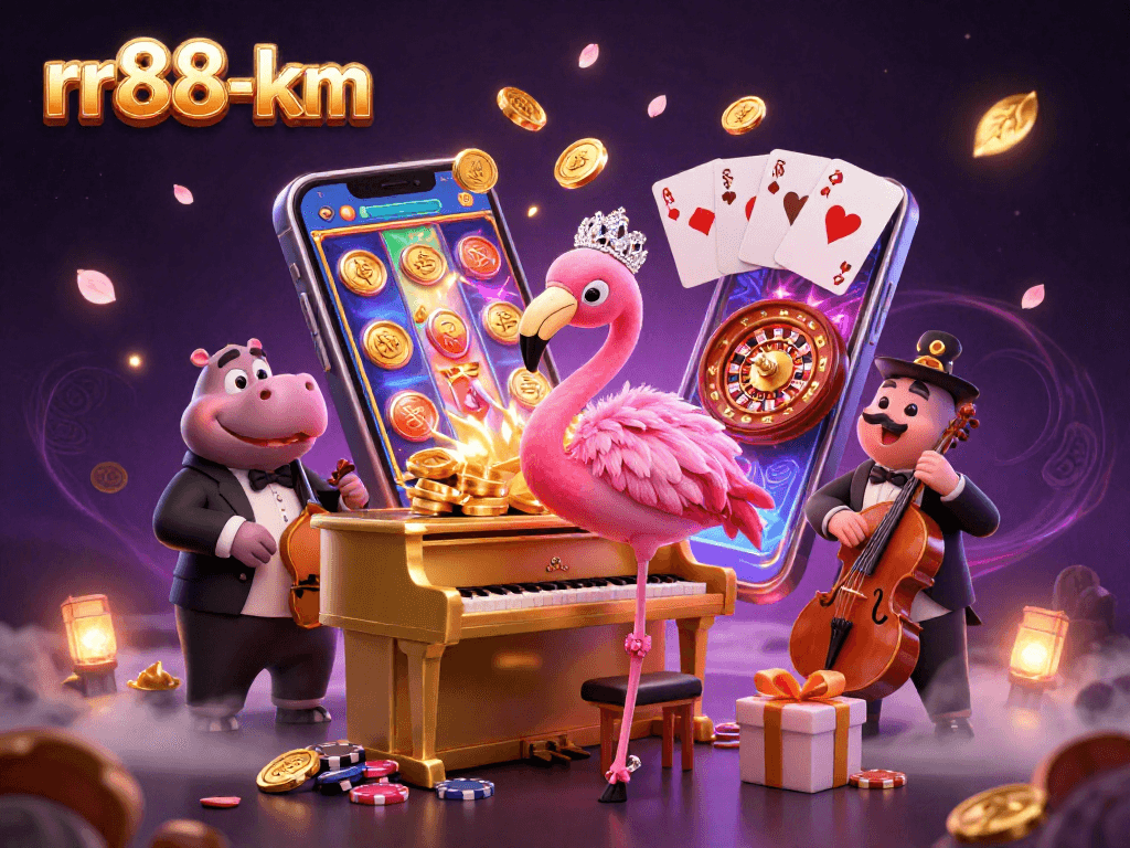 Win big with rr88-km in this vibrant casino-themed illustration featuring dynamic slot games and characters.