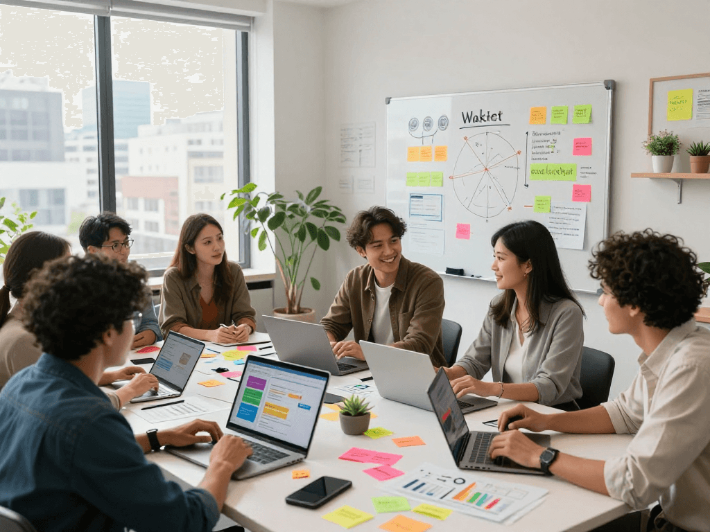 Collaboration in digital marketing strategy session with team discussing ai slut.