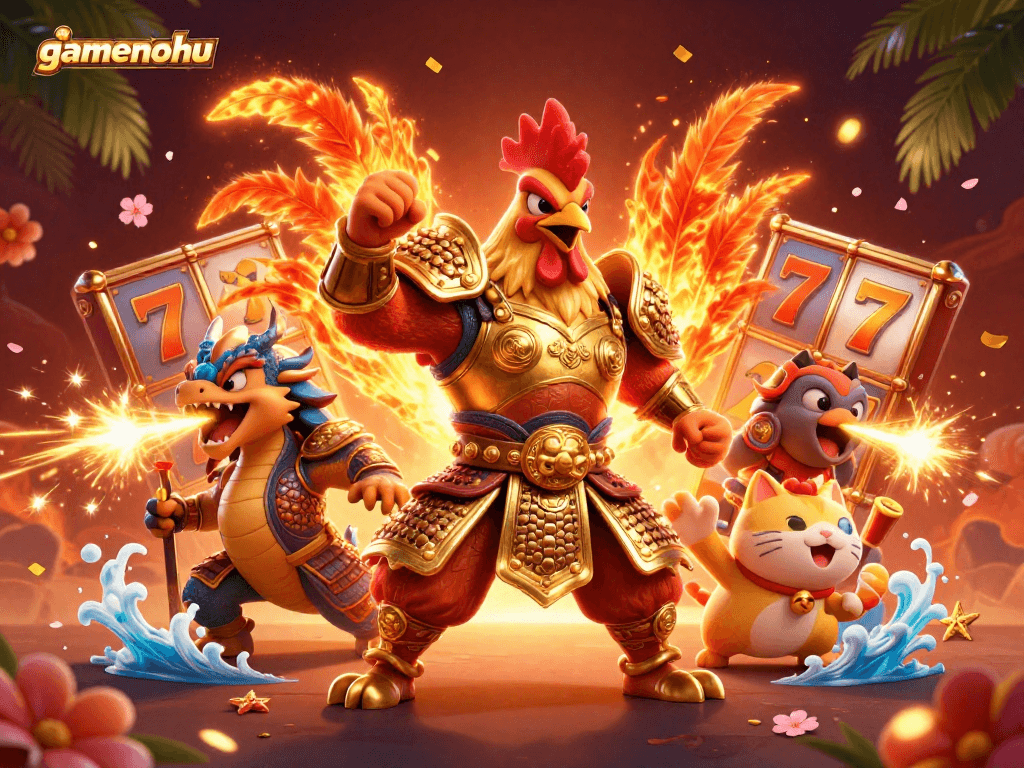 Join the thrilling action of gamenohu with a dynamic scene of a fighting rooster and dragon in a vibrant casino setting.