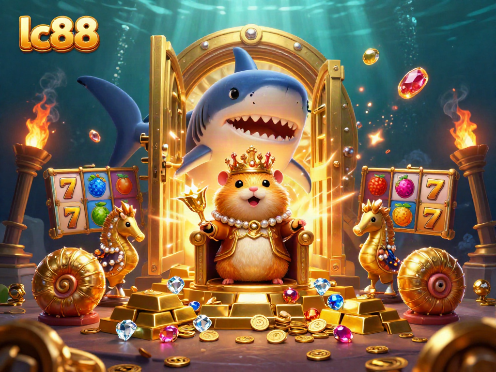 Experience the excitement of lc88 with the golden hamster king on his throne amid treasure and slot games.