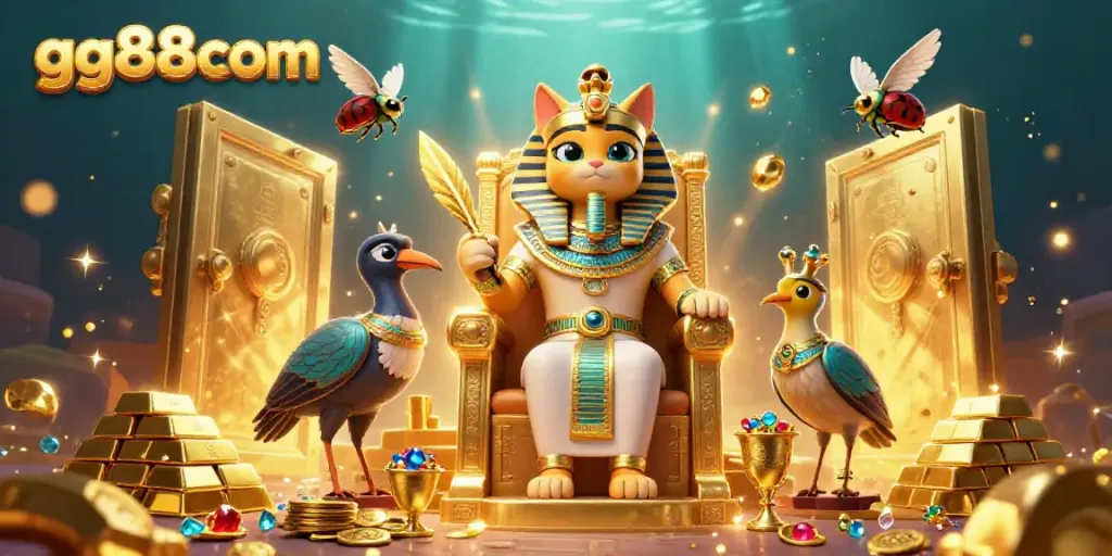 Experience the thrill of winning with gg88com, featuring vibrant casino elements and Egyptian-inspired characters.