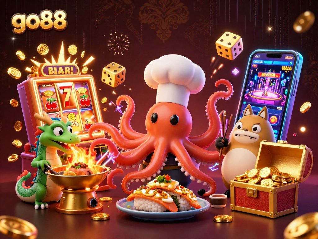 Engage with go88's vibrant 3D casino scene featuring exciting games and characters.