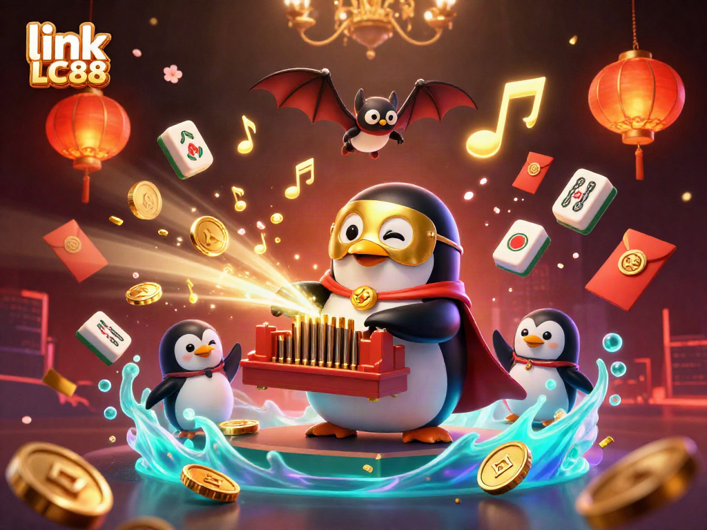 Experience link LC88 with a whimsical casino scene featuring a penguin organist and golden coins.