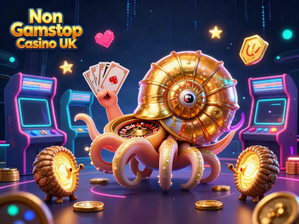 Engage with the vibrant Non Gamstop Casino UK scene featuring a giant nautilus roulette wheel and glowing game elements.