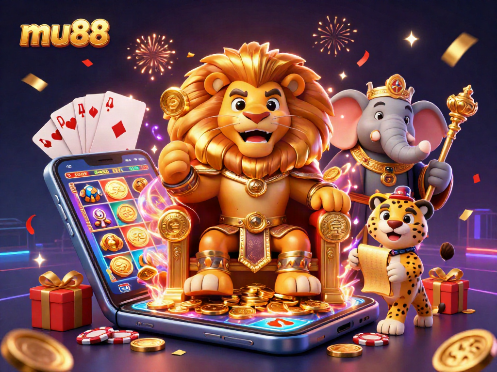 Join the mu88 lion king on a golden throne amidst vibrant casino action and celebration.