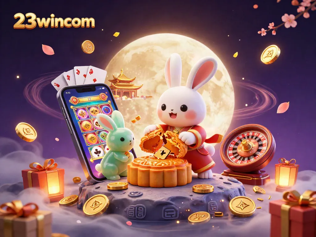 Experience gaming excitement with 23wincom through vibrant moon rabbits and casino elements.