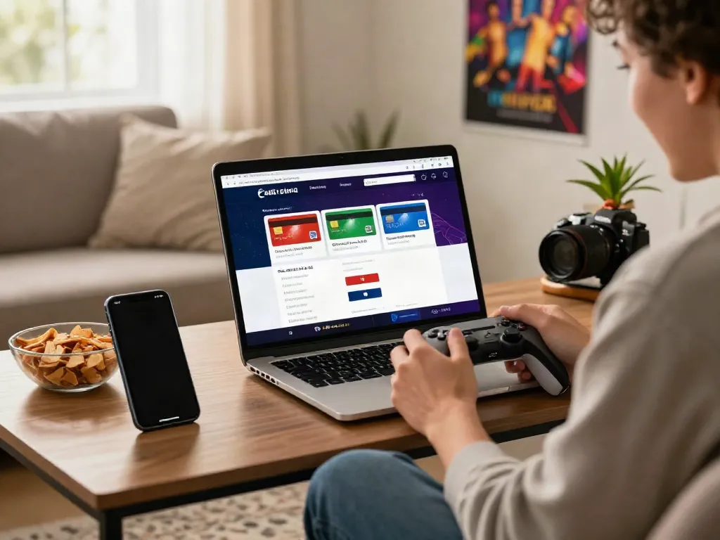 Exciting scene of a person enjoying credit card casinos UK on a laptop at home.