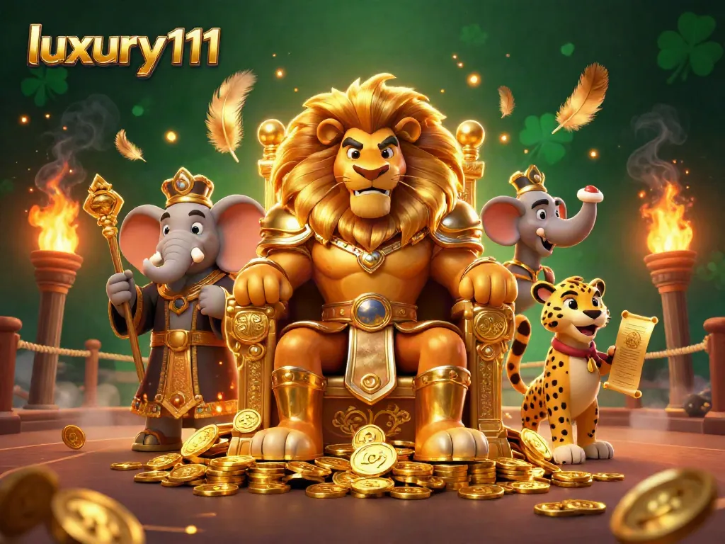 Luxury111 features a fierce lion king and advisors in a dynamic casino battle scene.