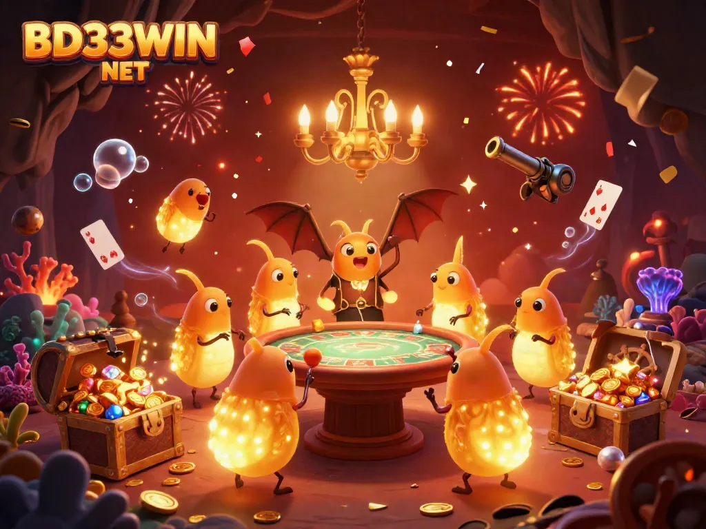 Engage with thrilling games at BD333WIN NET, showcasing glowworms and a bat dealer in a mesmerizing casino scene.