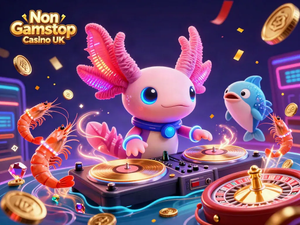 Experience the vibrant energy at Non Gamstop Casino UK with animated characters enjoying a lively casino scene.