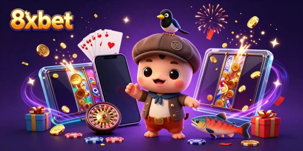 Join the fun with 8xbet's vibrant 3D illustration highlighting exciting gaming elements and colorful characters.