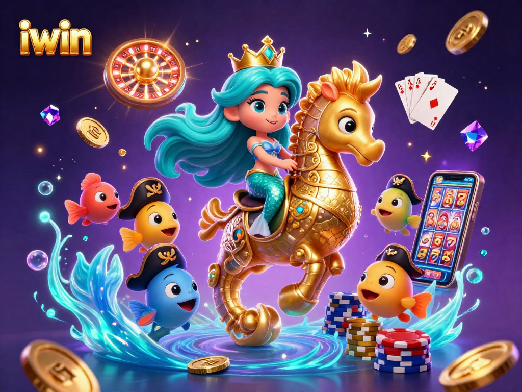 Experience iwin casino magic as a mermaid princess rides a seahorse amidst vibrant gaming elements.