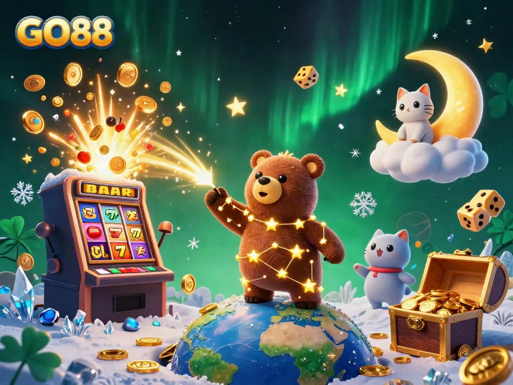 Experience the GO88 casino magic with a golden bear and whimsical elements in a dynamic scene.