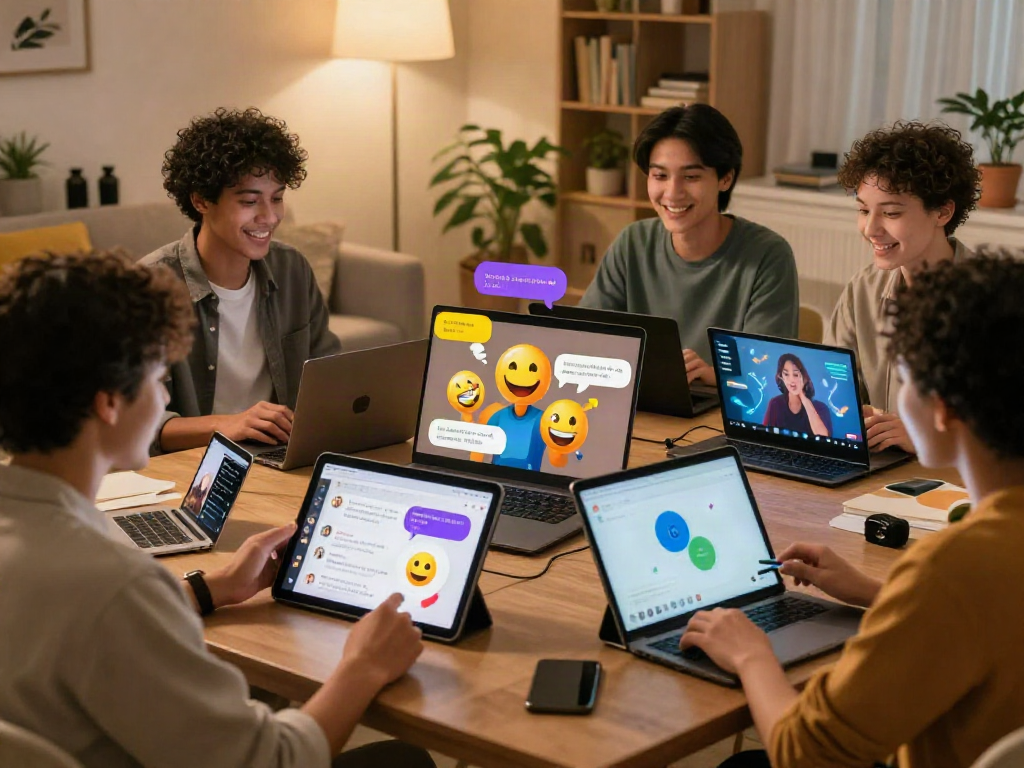 A diverse group enjoying ai chat porn in a modern digital lounge, vibrant dialogues, and cozy atmosphere.
