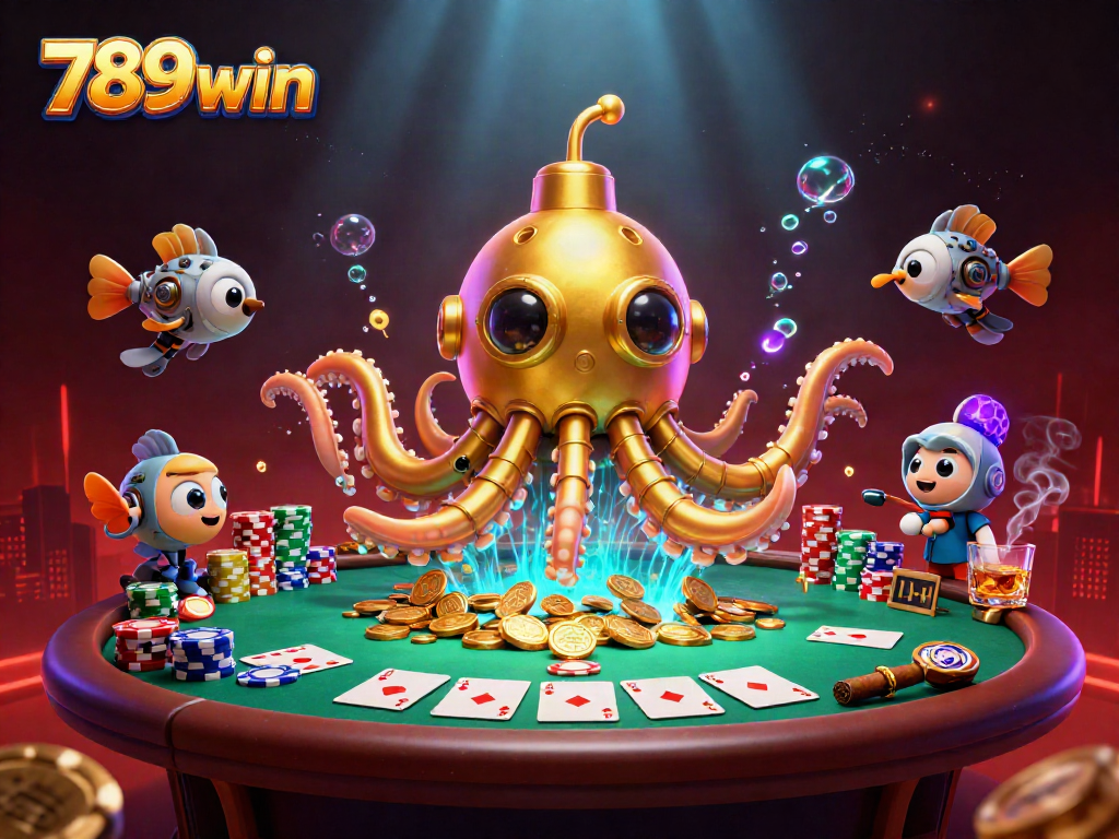 Engage with the thrilling adventure of 789win in a vibrant underwater casino scene filled with poker excitement.
