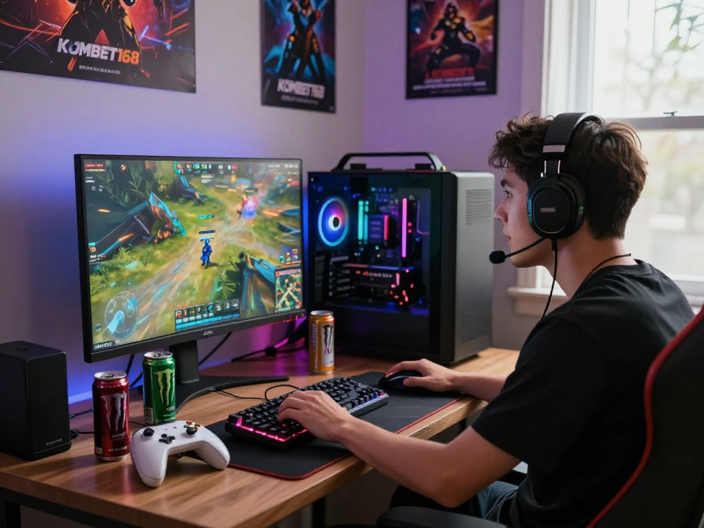Gamer engaged in KOMBET168 game on a vibrant gaming setup with RGB lighting, controllers, and posters.