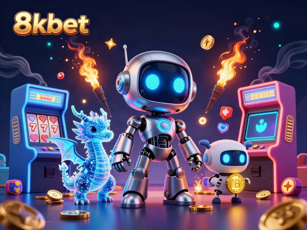Play slots and win big with 8xbet's vibrant 3D casino illustration featuring a futuristic robot and games.