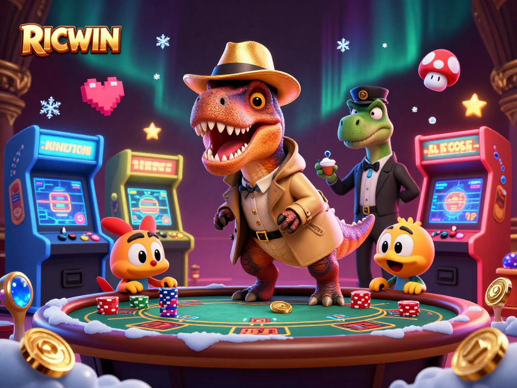 Construct winning hands at RICWIN's dynamic casino with velociraptor card counters and animated game elements.