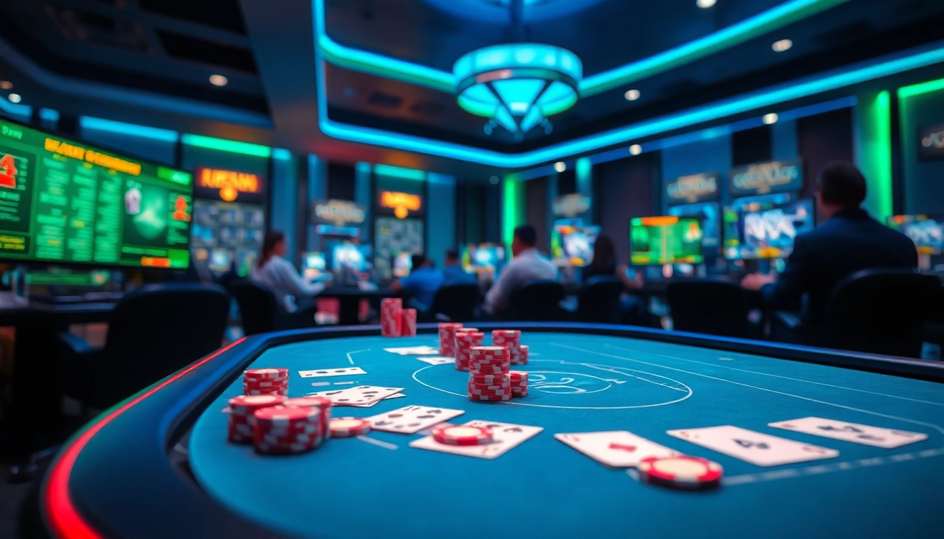 Topgamebaidoithuong.mx showcases an immersive online gaming scene with card games and vibrant digital elements.
