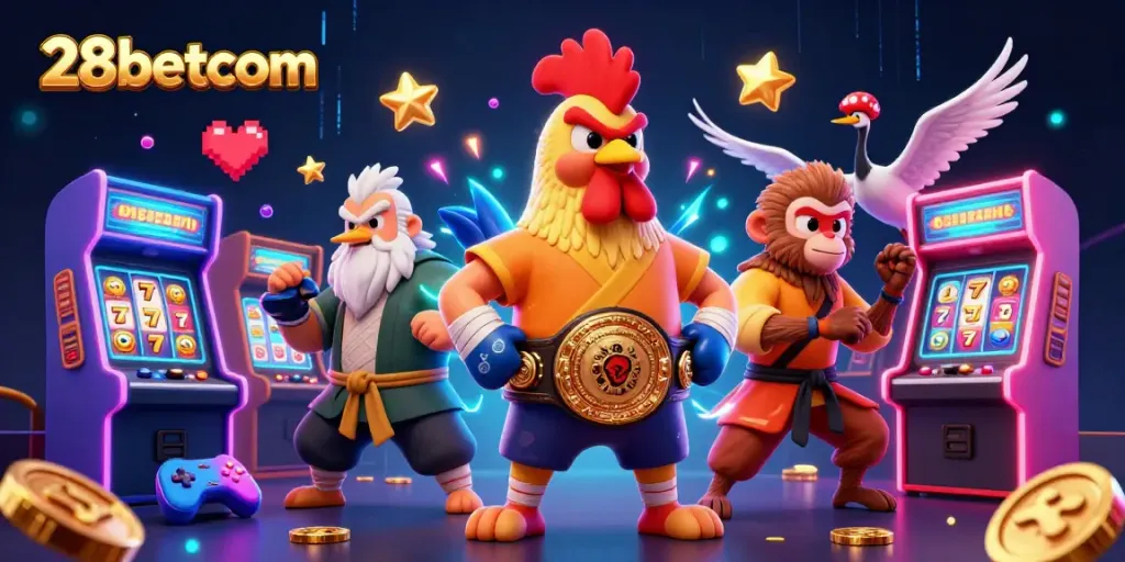 Engage with the excitement of 28betcom's lively casino scene featuring cartoon characters and slot machines.