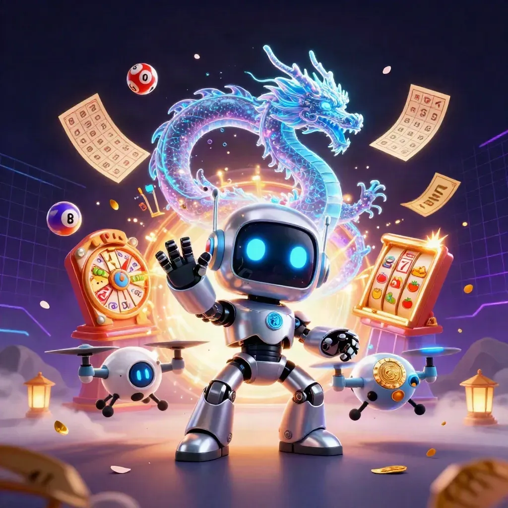 Cyberpunk robot, holographic dragon, and coin drone amid gold reels, bingo, and jackpot light.