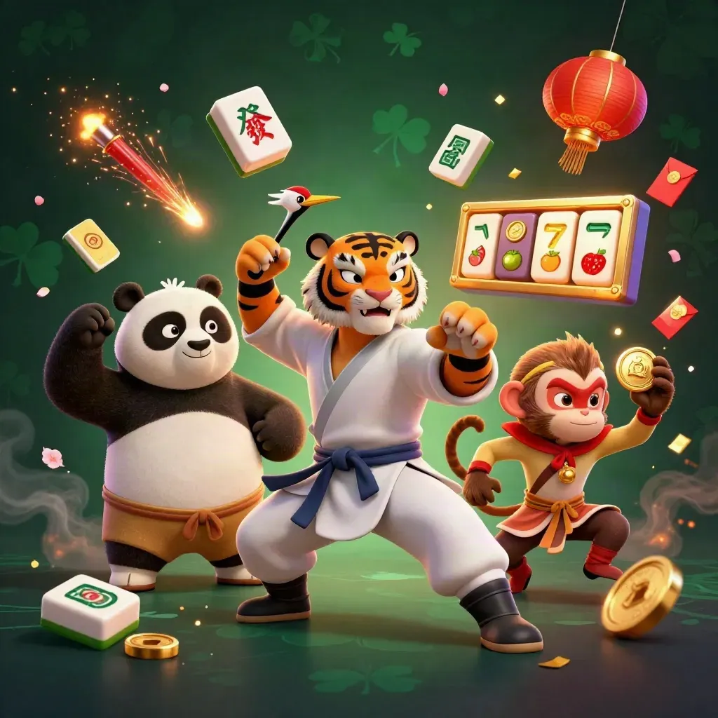 Kung-fu tiger, panda and monkey amid neon casino treasures, slot icons and emerald-black glow.