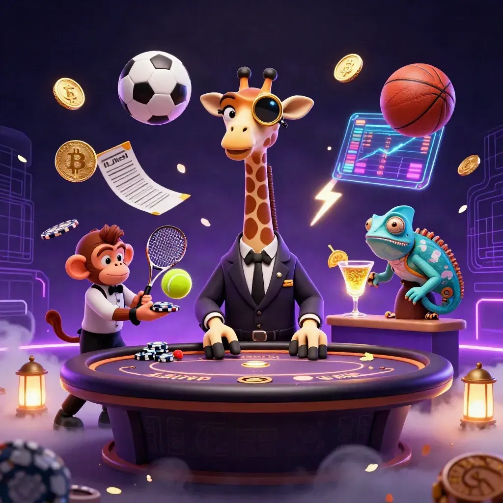 Cartoon giraffe, monkey, and chameleon at a neon casino table with sports balls and gold coins