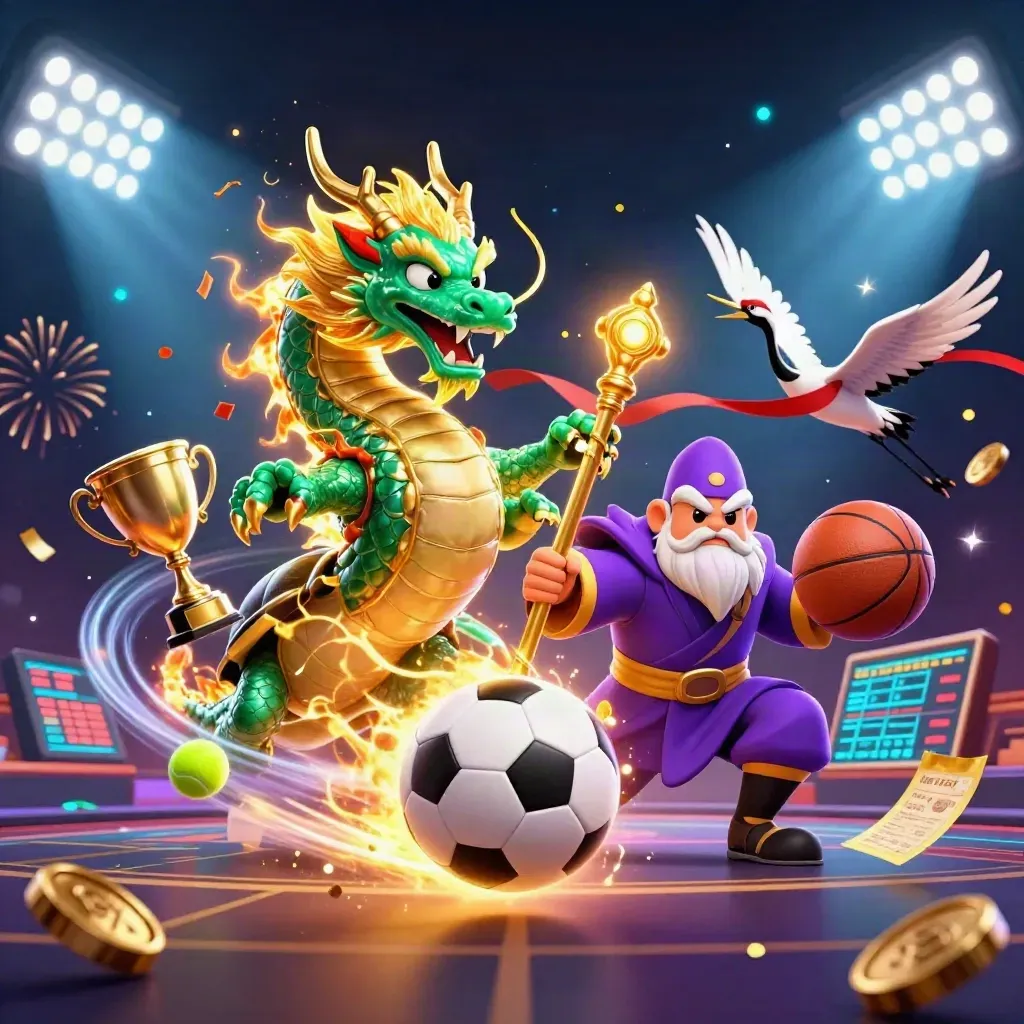 Jade dragon, turtle sage, and cranes amid flying sports balls, gold fire, coins, and stadium lights