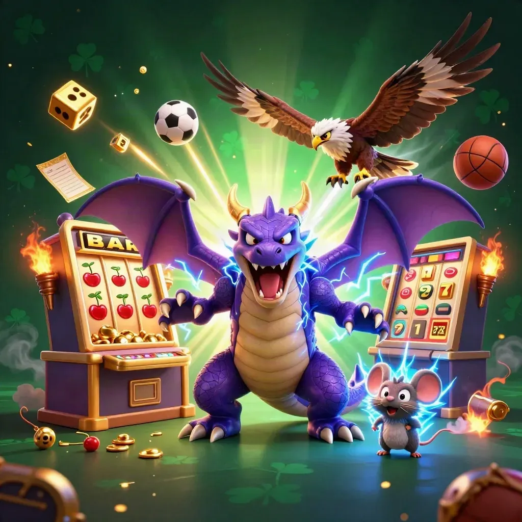 Thunder dragon, hawk and mouse amid slot bursts, sports balls, gold, and casino glow.