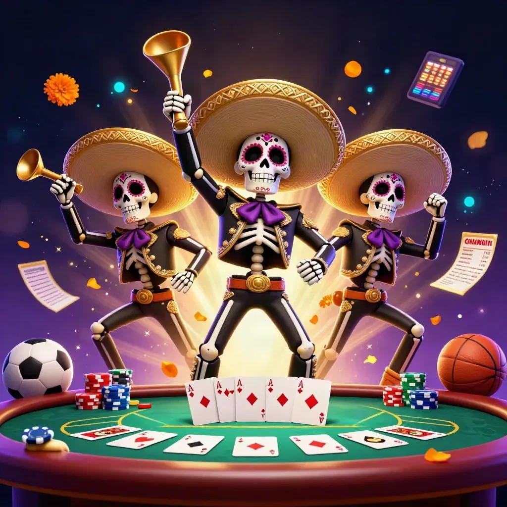 Skeleton mariachi trio amid poker chips, cards, sports balls, and glowing casino lights.