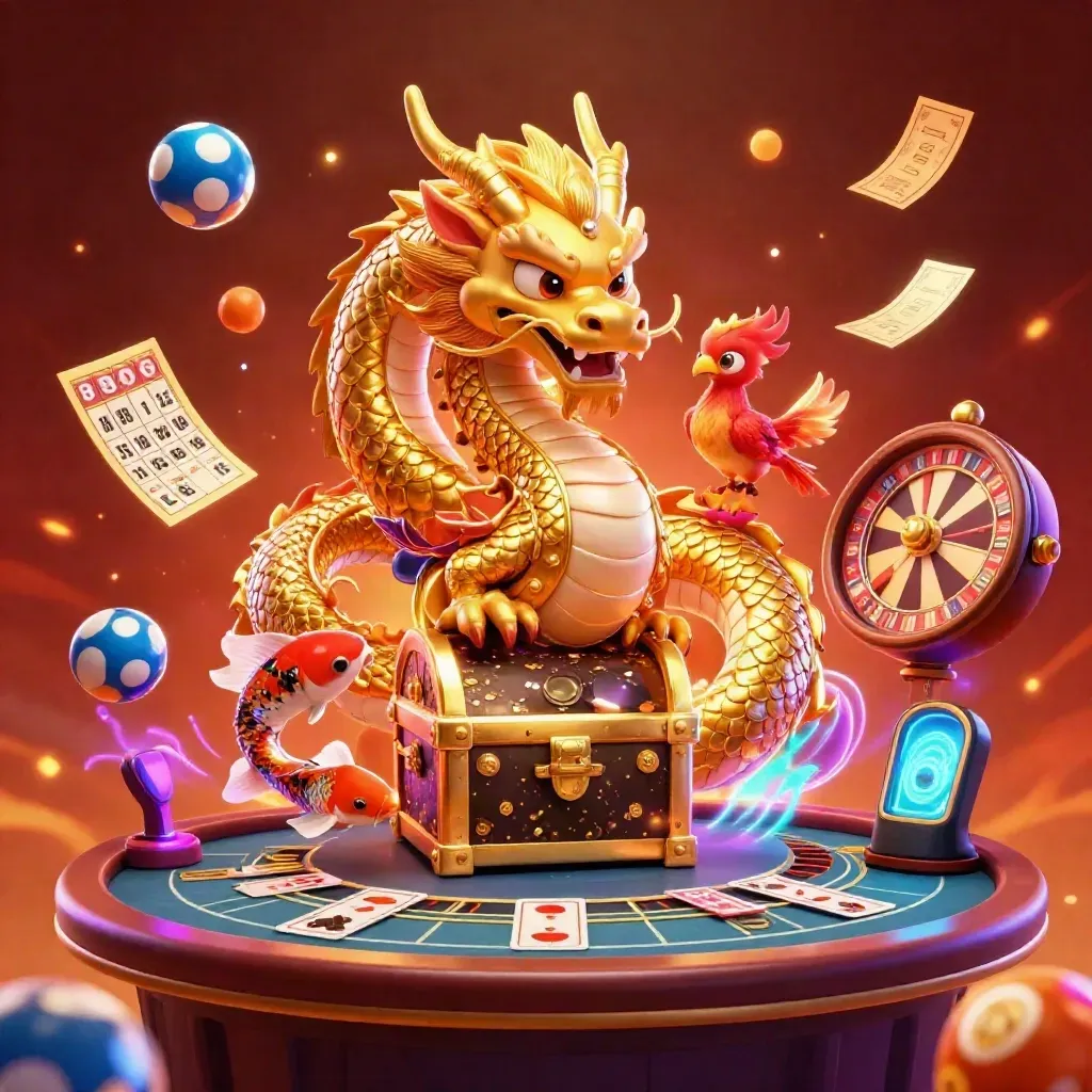 Golden dragon, phoenix and koi amid casino treasures in a neon crimson glow.