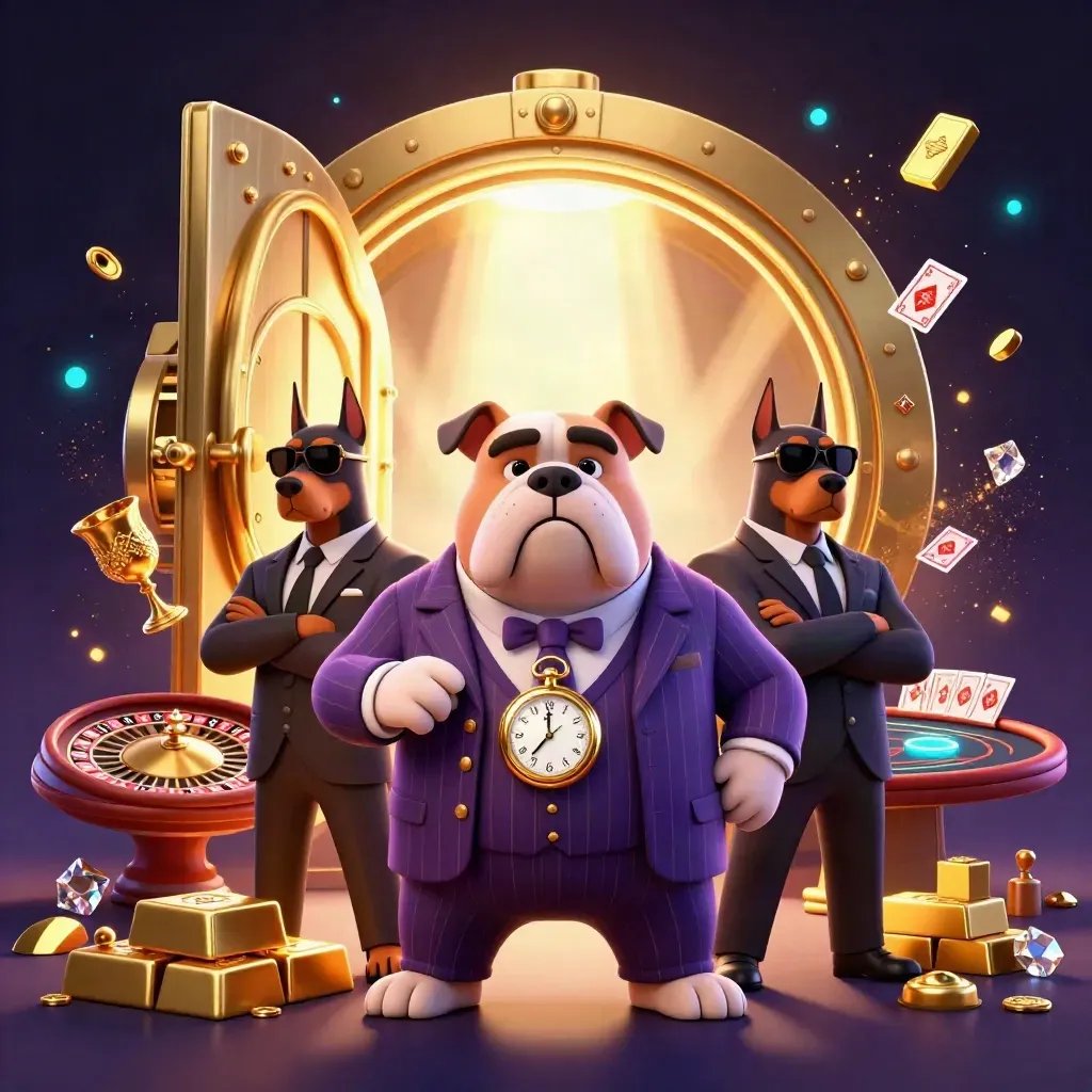 Cartoon bulldog boss and two Dobermans amid a glowing vault, gold, gems, and casino lights.