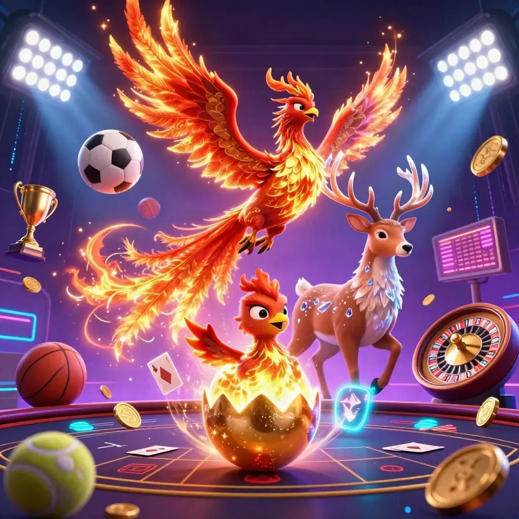 Fire phoenix, stag, and hatchling amid casino-sport energy, neon lights, coins, and a spinning wheel.