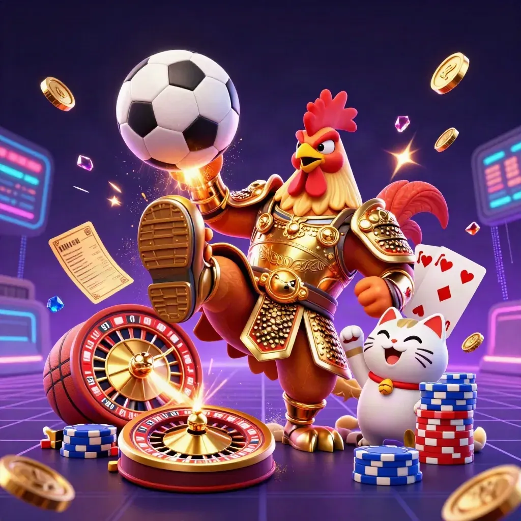 Golden rooster warrior kicks a soccer ball amid casino chips, coins, dragon and cat, neon lights