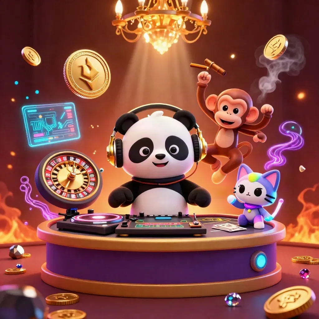 DJ panda, breakdancing monkey and glow-stick kitten in a luxe neon casino with crypto coins.
