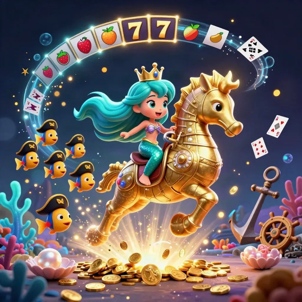 Mermaid princess on a golden seahorse in a glowing treasure cove with pirate fish and casino sparkles.