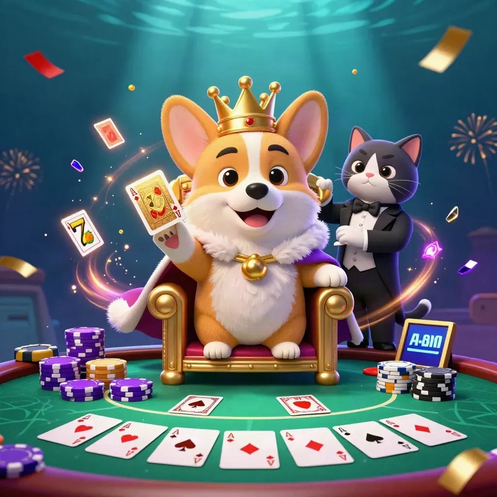 Royal corgi king and cat butler amid chips, cards, neon glow, and underwater casino magic.