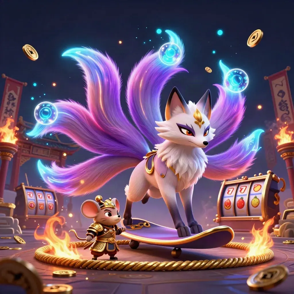 Fox spirit and armored samurai mouse burst with gold and neon in a dark casino vault glow.
