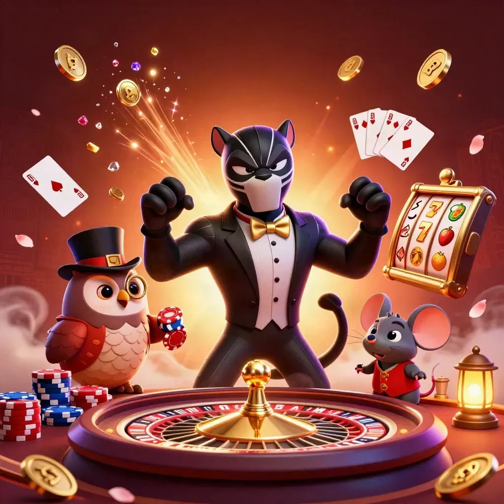 Panther dealer, owl and mouse amid gold coins, gems, roulette wheel and chips in luxe casino glow.