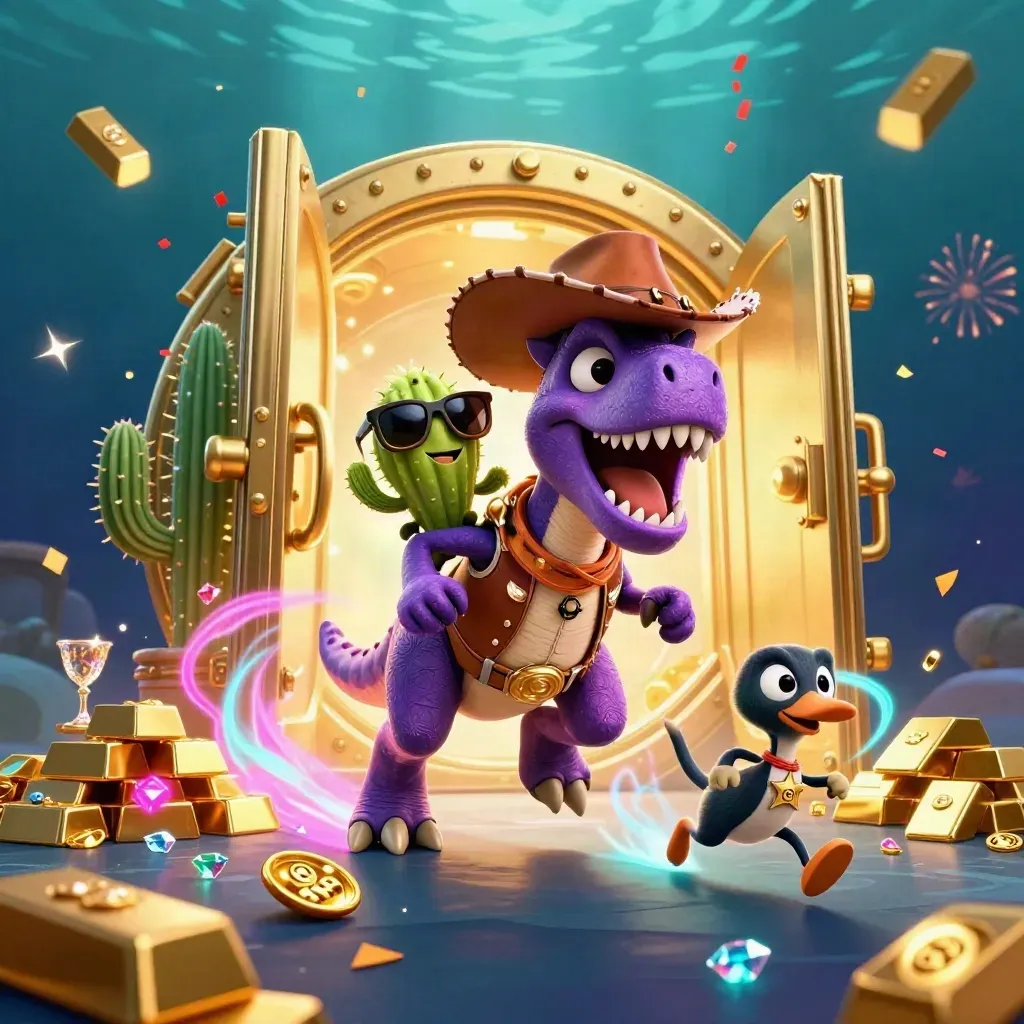 Cowboy T-Rex, cactus sidekick, and sheriff roadrunner burst treasure from a golden vault.