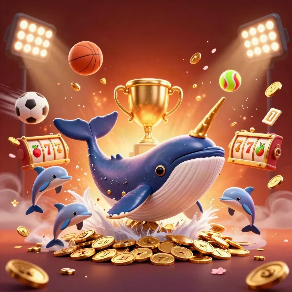 Captain whale, narwhal and dolphins amid coins, gems, sports balls and neon casino glow