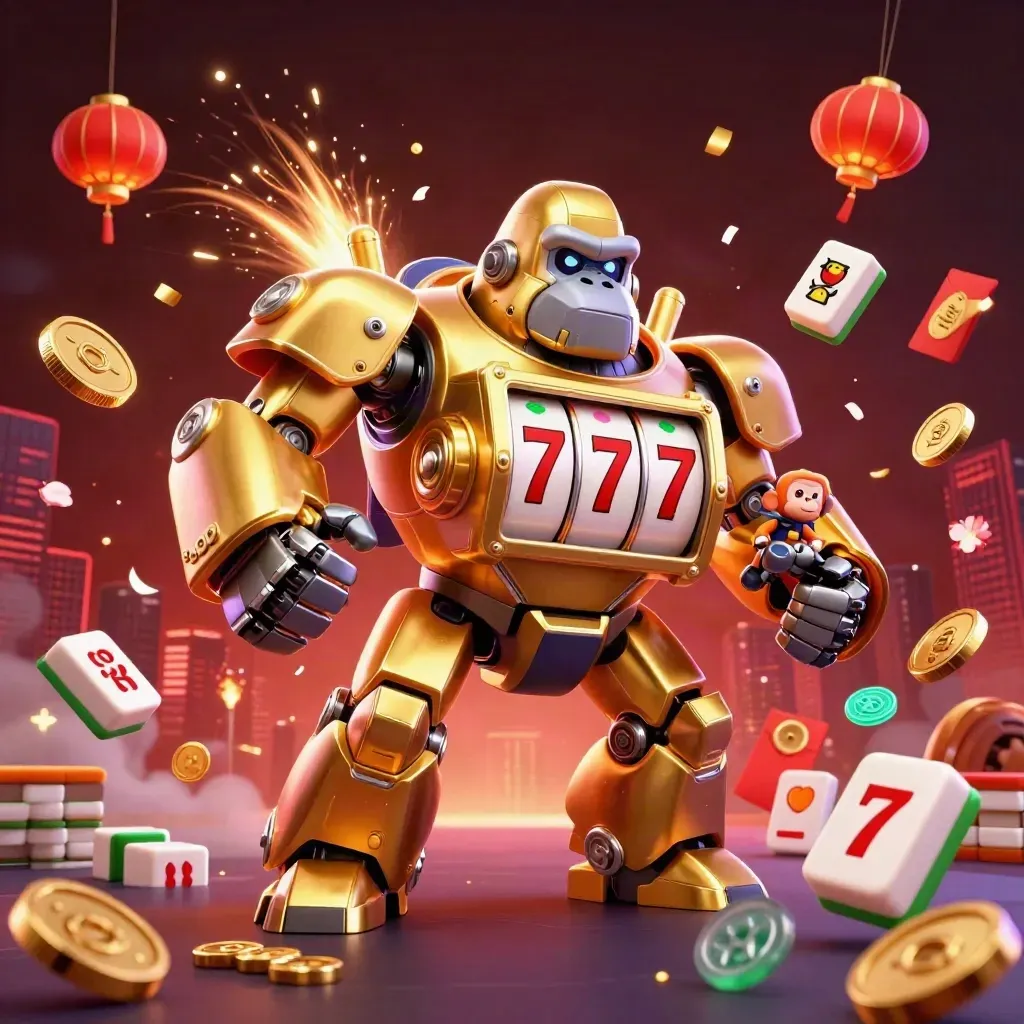Golden gorilla slot mech, tiny monkey pilot, coins, lanterns, fireworks, luxe casino glow.