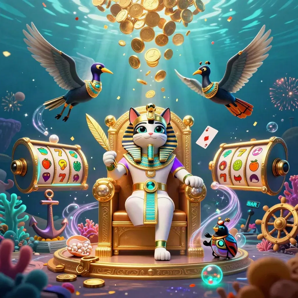 Pharaoh cat, ibis scribe and gem-winged scarabs amid coin bursts and underwater fireworks.