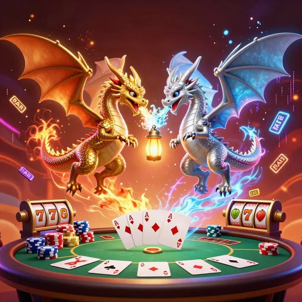 Gold and silver dragons swirl amid casino chips, cards, reels, fireworks, and glowing magic.