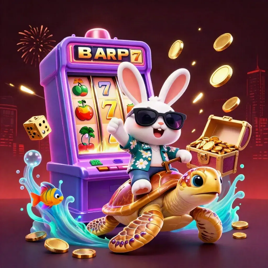 Lucky rabbit on a gold sea turtle amid coins, slots, fireworks, and treasure