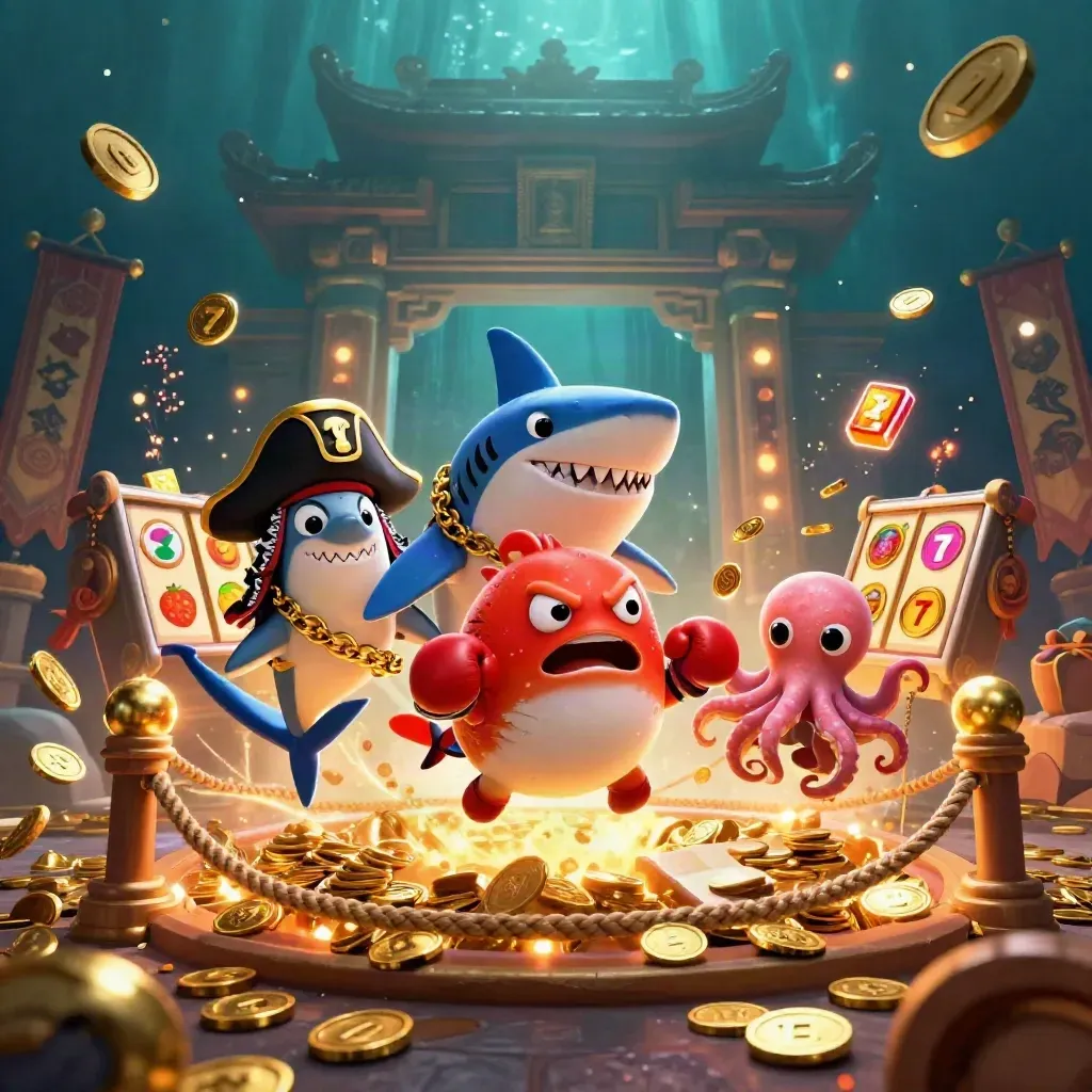 Pirate shark, boxing pufferfish and juggling octopus amid coins, reels and fireworks.