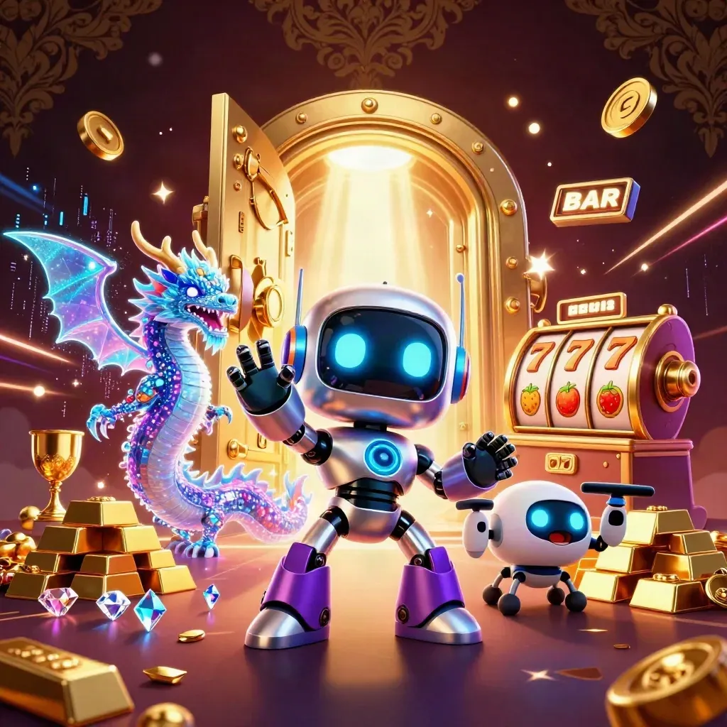 Robot, holographic dragon, and coin drone bursting from a glowing vault with gold and jewels