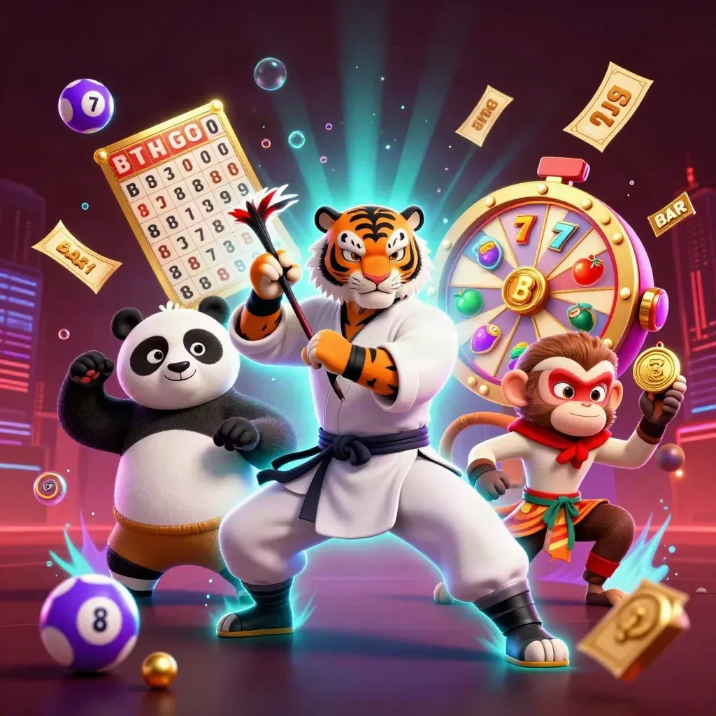 Kung-fu tiger, panda, and monkey amid casino reels, balls, wheel, and glowing jackpot effects.