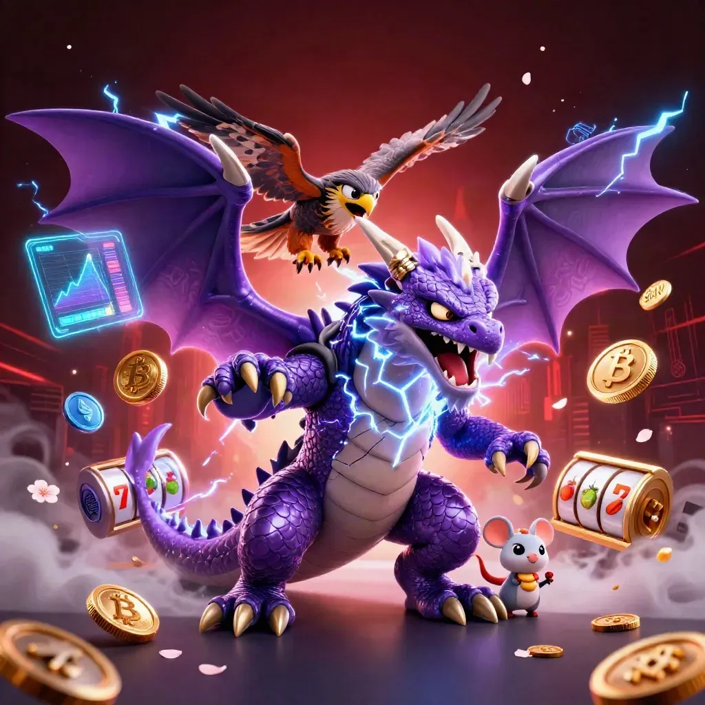 Thunder dragon, wind hawk, and lightning mouse amid casino symbols, coins, and neon energy.