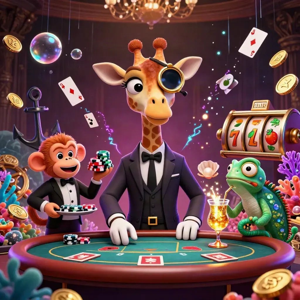 A giraffe high-roller, monkey valet, and chameleon bartender in a neon treasure-cove casino scene.
